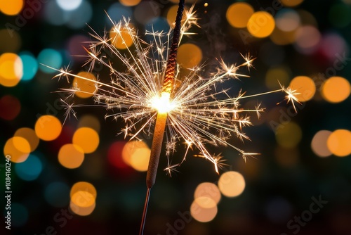 Sparkler glowing brightly amidst a dark background with blurred lights during...