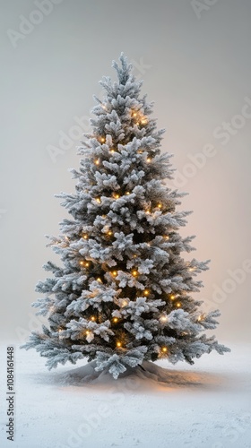 A beautifully lit Christmas tree surrounded by snow during a winter evening a...