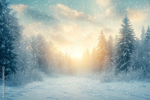 Winter sunrise over a snowy landscape with pine trees in a serene natural set...