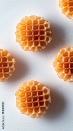 Six freshly baked waffles arranged neatly on a white surface in morning light
