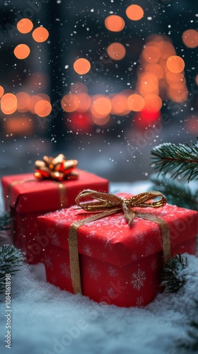 Snowy holiday scene with wrapped gifts and festive bokeh lights in the backgr...