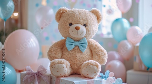 A cute bear with a blue bow tie surrounded by balloons and gifts in a festive...