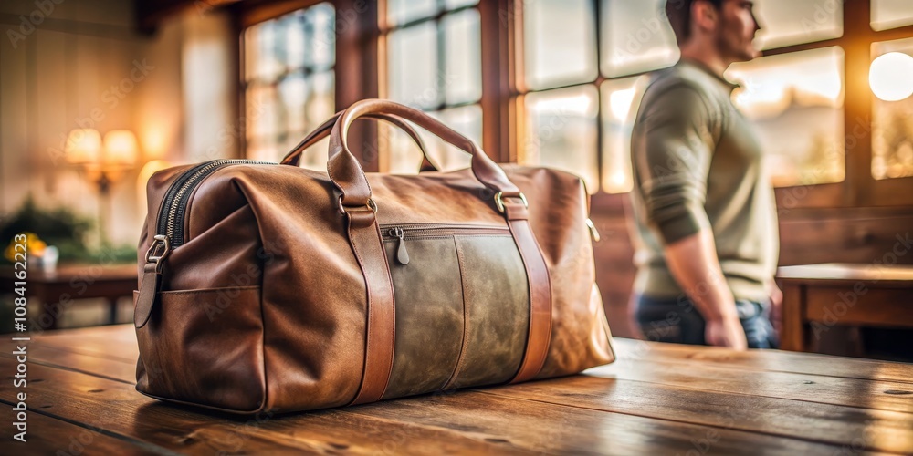 Obraz premium Leather Travel Bag on Wooden Table, Travel, Leather, Bag