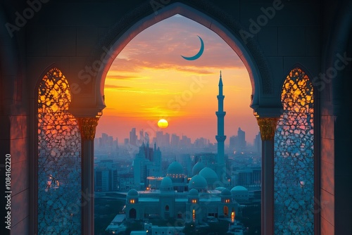 A serene twilight view of a cityscape with a crescent moon and colorful sky