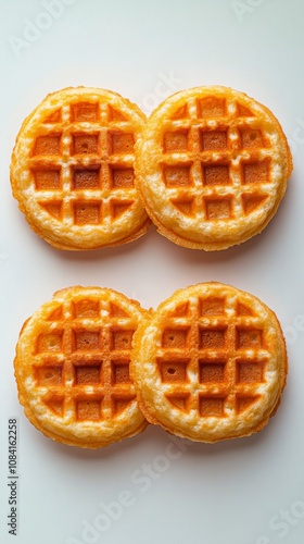 Six freshly baked waffles arranged neatly on a white surface in morning light