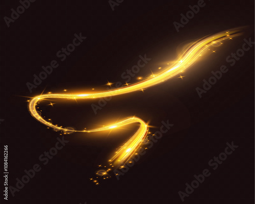  A vibrant, glowing light trail or streak in a golden yellow hue with sparkling highlights on a dark background. This abstract, magical design has a smooth, curved flow with bright shimmering .
