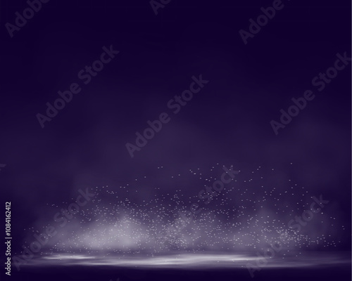 A layer of dense gray smoke with glowing particles hovering near the ground on a transparent background, creating a mystical and atmospheric effect.