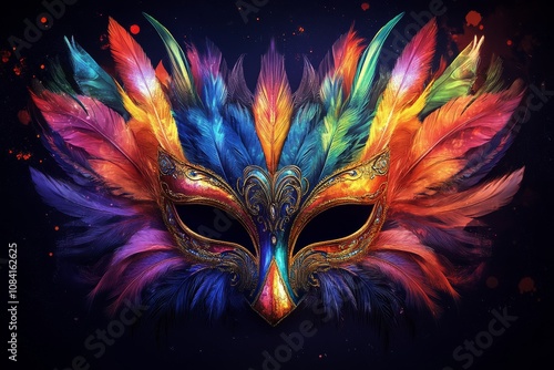 Colorful carnival mask adorned with feathers and intricate designs displayed ...
