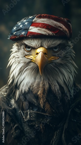 A proud eagle wearing a patriotic hat and bowtie showcases American spirit an...