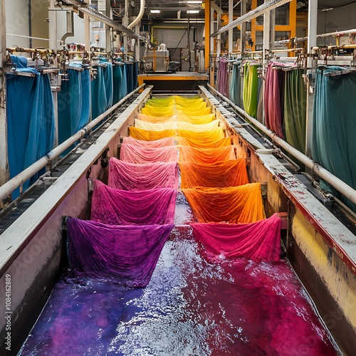 Vibrant fabric dyeing process textile factory industrial photography colorful environment close-up view textile production concept photo