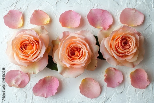 A beautiful arrangement of pink rose petals and blooms on a soft surface in n...