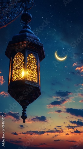 Decorative lantern illuminated at dusk under a crescent moon with a starry sk...