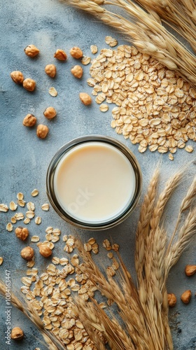 A jar of oat milk surrounded by oats and hazelnuts on a textured surface