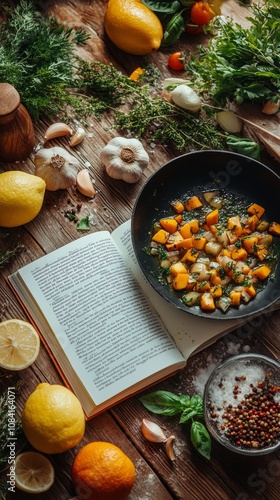 Cooking a fresh vegetable dish with herbs and citrus in a cozy kitchen setting