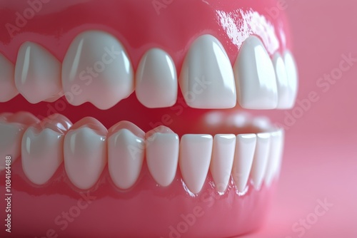 Detailed view of realistic dental model showcasing healthy teeth against a pi...