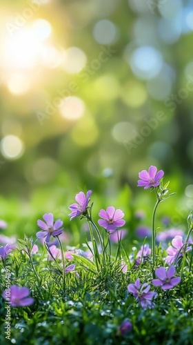 Gentle sunlight illuminates a vibrant wildflower meadow in springtime tranqui...