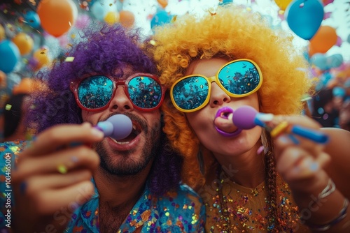 Couple wearing colorful wigs and sunglasses celebrating at a vibrant outdoor ...