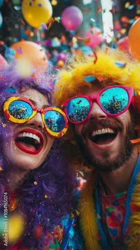 Colorful partygoers smiling at a festive event with bright decorations and ba...