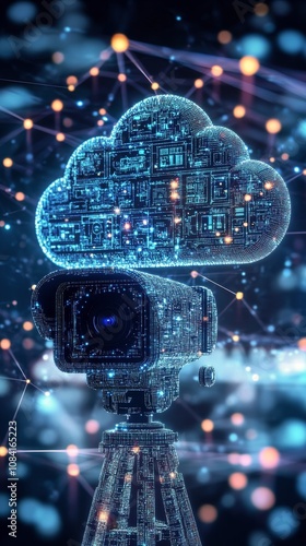 A digital camera connected to a cloud network symbolizing modern technology a...