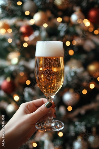 Festive gathering captures a hand holding a cold beer with sparkling decorati...