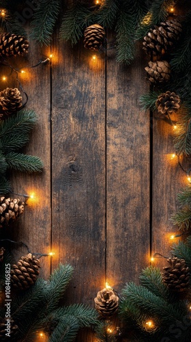 Festive arrangement of pine cones and warm lights on rustic wooden surface du...