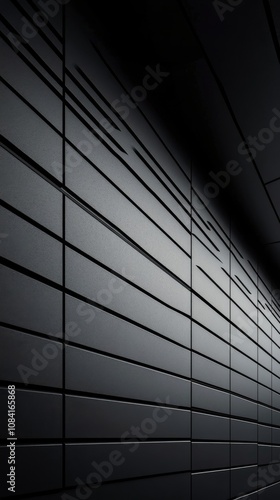 A long tunnel with a series of rectangular shadows and a light source at the ...