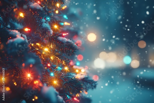 A beautifully decorated Christmas tree with lights glowing in a snowy landsca...