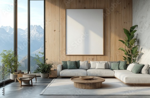 Modern living room with large windows overlooking snowy mountains in a wooden...