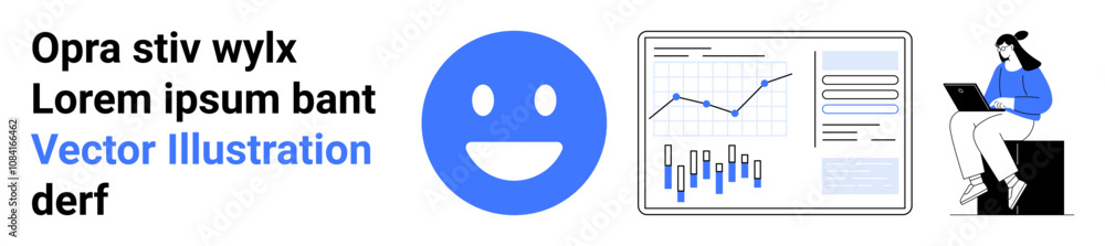 Fototapeta premium Blue happy face, data chart with graphs, person in blue outfit using laptop. Ideal for business, data analytics, technology, presentation, workplace, productivity, efficiency. Landing page