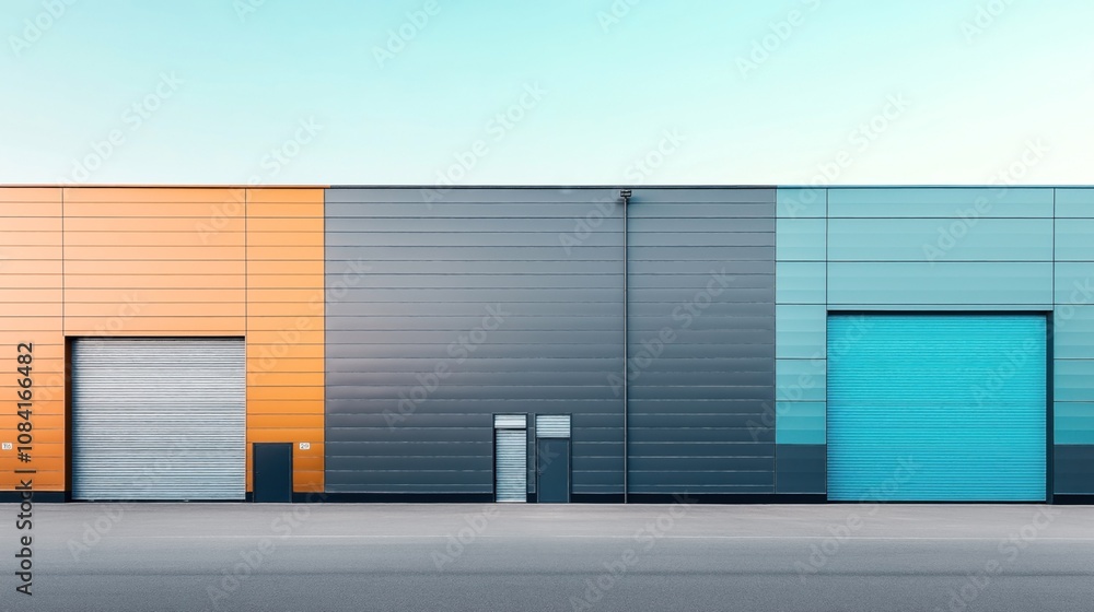 Obraz premium Colorful industrial building facade with orange, gray, and blue sections featuring two large roller shutter doors and a clear sky backdrop