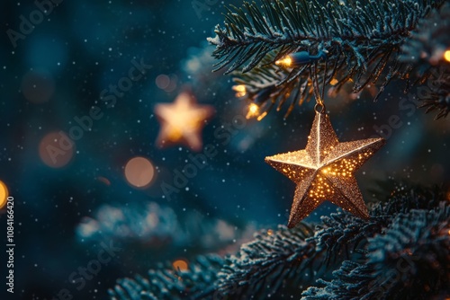 Beautiful golden star ornament hanging on a snow covered evergreen tree durin...