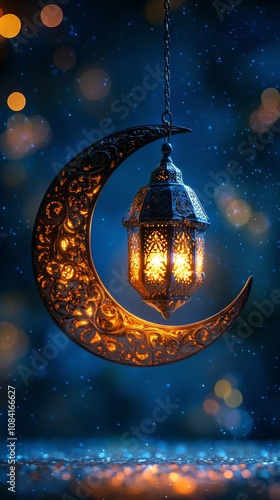 Beautiful illuminated lantern hanging from a decorative crescent moon in a st...