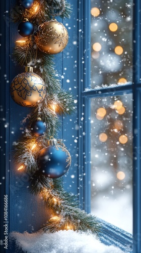 Decorative window display with blue and gold ornaments during a snowy winter ...