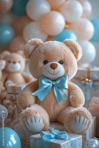 A cute teddy bear with a blue bow sits among balloons and gifts at a cheerful...