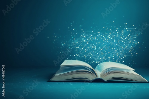An open book with glowing heart shaped particles floating above it in a dark ...