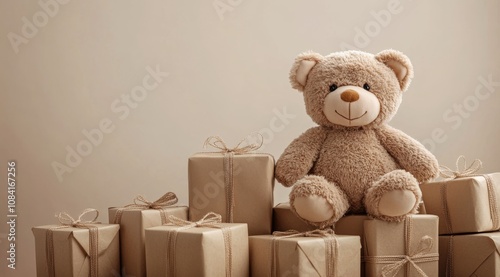A bear sitting on wrapped gifts in a cozy indoor setting during the holiday s...