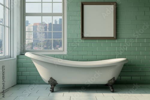 Modern bathroom interior featuring a freestanding bathtub near large windows ...