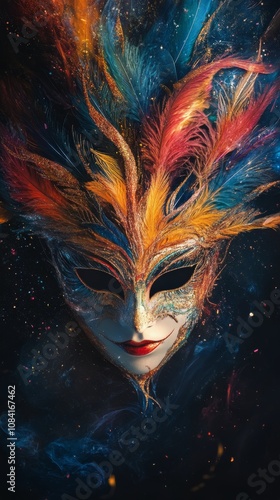 Colorful masquerade mask adorned with feathers and vibrant details on a dark ...