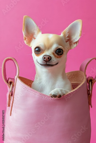 Cute Chihuahua sitting comfortably in a pink bag against a vibrant pink backg...