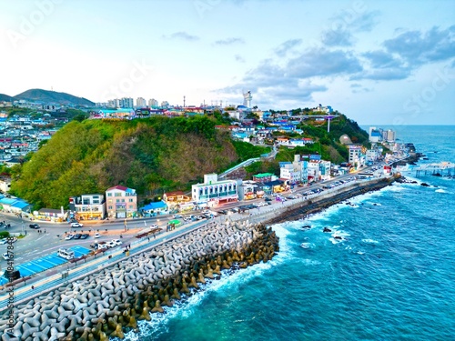 The scenery of hills and seas seen in the autumn season of Mokho Port in Donghae, Gangwon-do, Korea photo