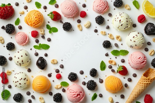 Assorted ice cream scoops and toppings arranged creatively on a white surface