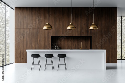 Modern kitchen design with wooden accents and city view during daylight