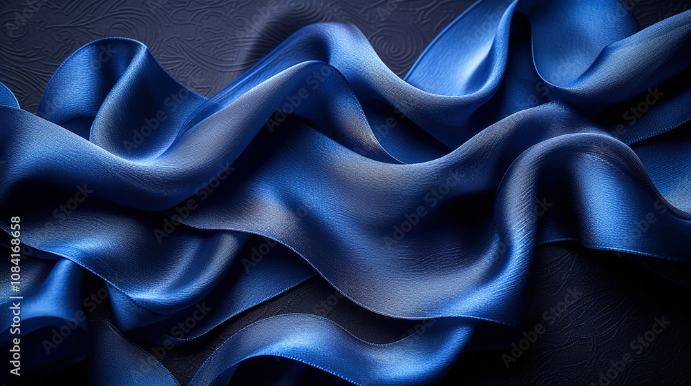 Fototapeta premium Blue Ribbon Fabric, Closeup View On Blue Background 