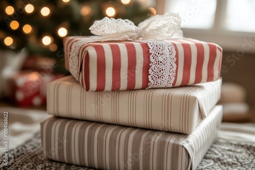 Decorated gift boxes stacked beside a Christmas tree in a cozy living room du...