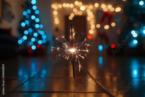 Sparkler glowing brightly amidst a dark background with blurred lights during...