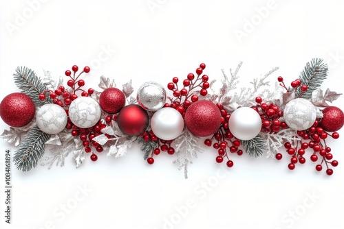 Festive red and white ornaments with greenery for colorful holiday decorations