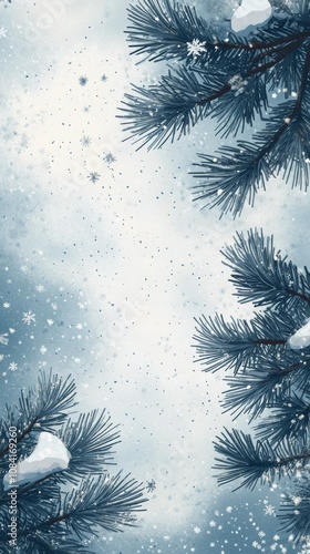 Beautiful winter scene with sparkling ornaments hanging from frosted pine bra...
