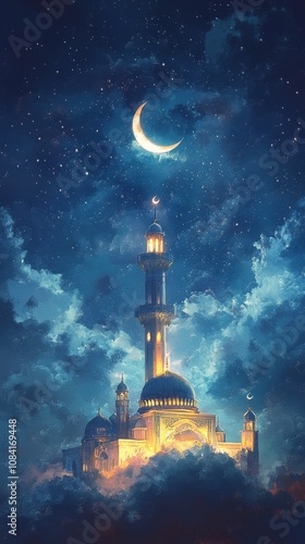 A beautiful mosque with a crescent moon at dusk in a serene sky filled with c...