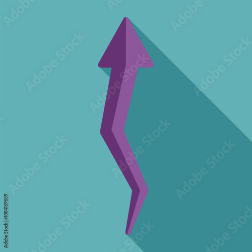 Purple arrow pointing upwards, representing growth, progress, and positive development, with a long shadow on a turquoise background