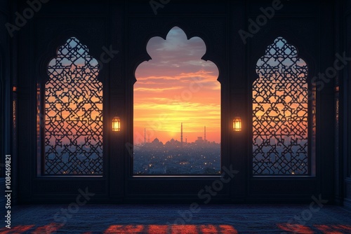 Beautiful sunset viewed through ornate windows overlooking a historic citysca...